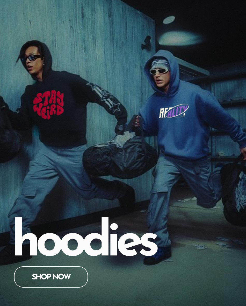 Male Models wearing STAY WEIRD Hoodie and REALITY Hoodie by MindfFuel Brand, with a bag of cash!